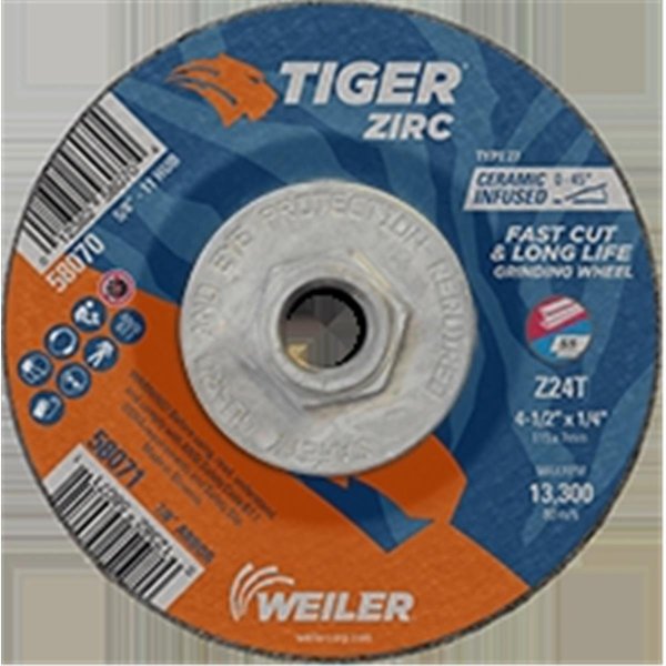 Weiler Weiler 804-58070 4.5 x 0.25 in. Tiger Zirc Type 27 Grinding Wheel; Z24T - 0.62-11 in. Nut; Pack of 10 804-58070